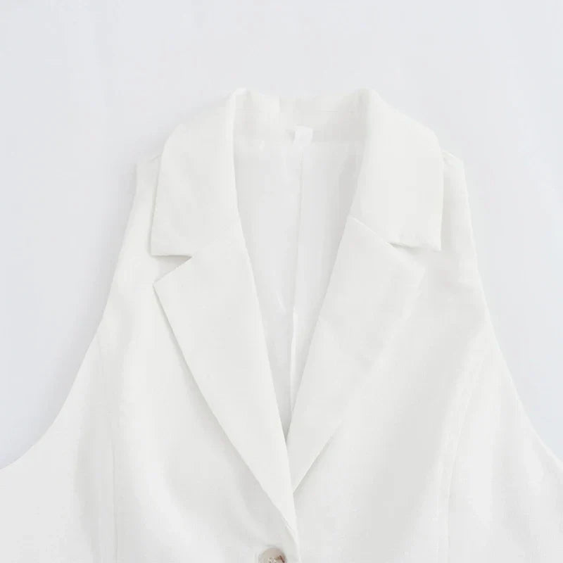 Dam Väst Kort Monokrom Polyester med Vänd Krage-4