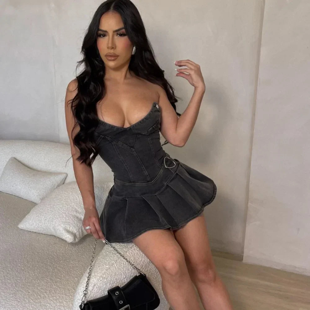 Dam Miniklänning Draperad Denim Slim Fit-5