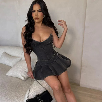 Dam Miniklänning Draperad Denim Slim Fit-5