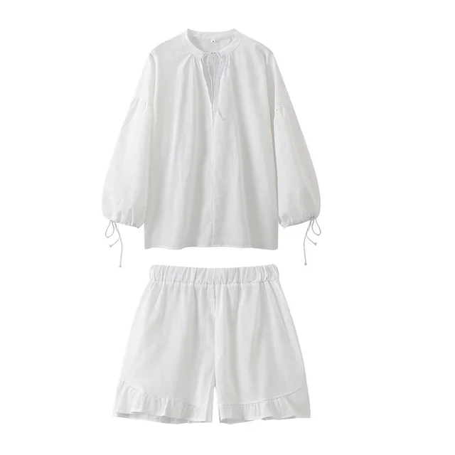 Dam Casual Set V-ringad Skjorta Shorts Bomull-6