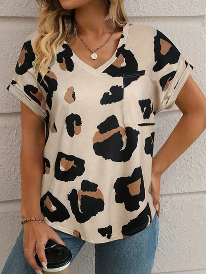 Dam T-shirt V-ringning Leopardmönster 100% Bomull-4