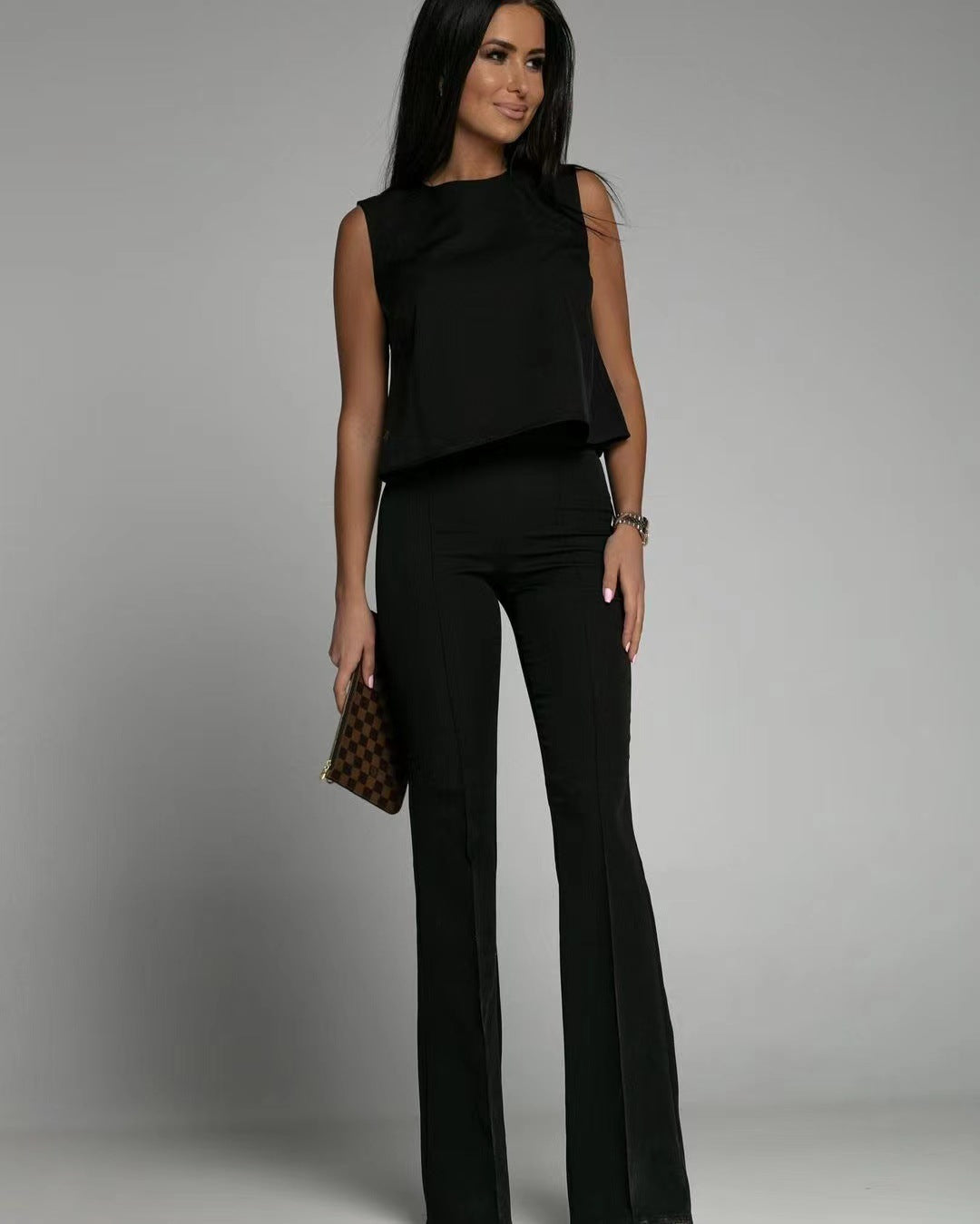 Dam Jumpsuit Ärmlös O-Hals Hög Midja Polyester-6