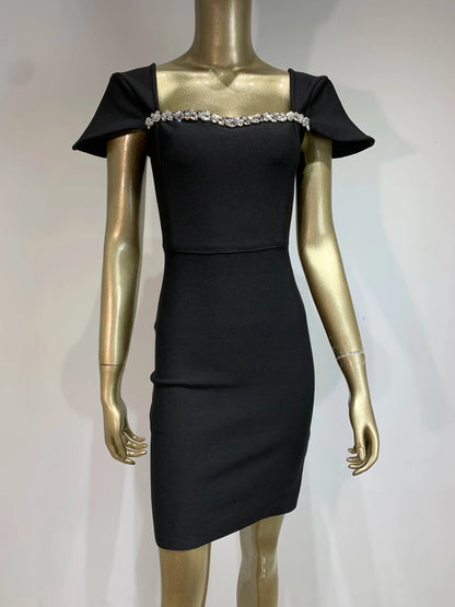 Dam Klänning Mini Fyrkantig Krage Nylon Spandex med Glittrande Detaljer-4