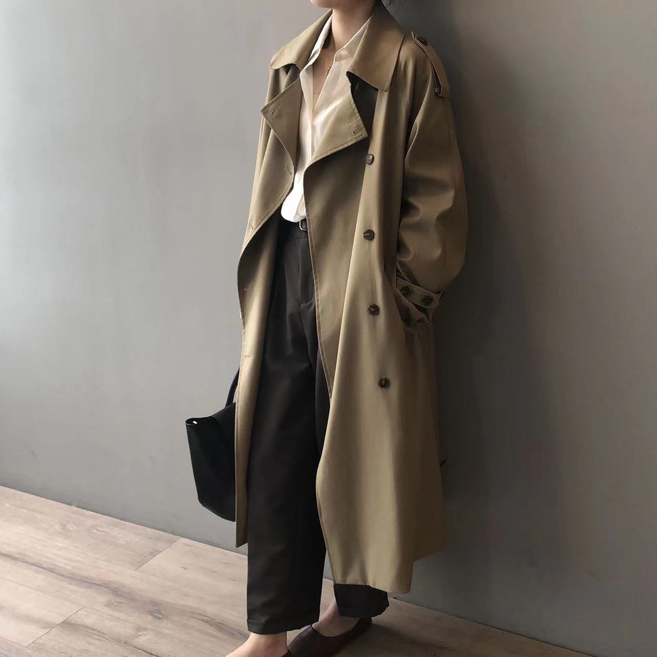 Dam Trenchcoat Överdimensionerad Dubbla Knapprader Vattenavvisande Tyg-4
