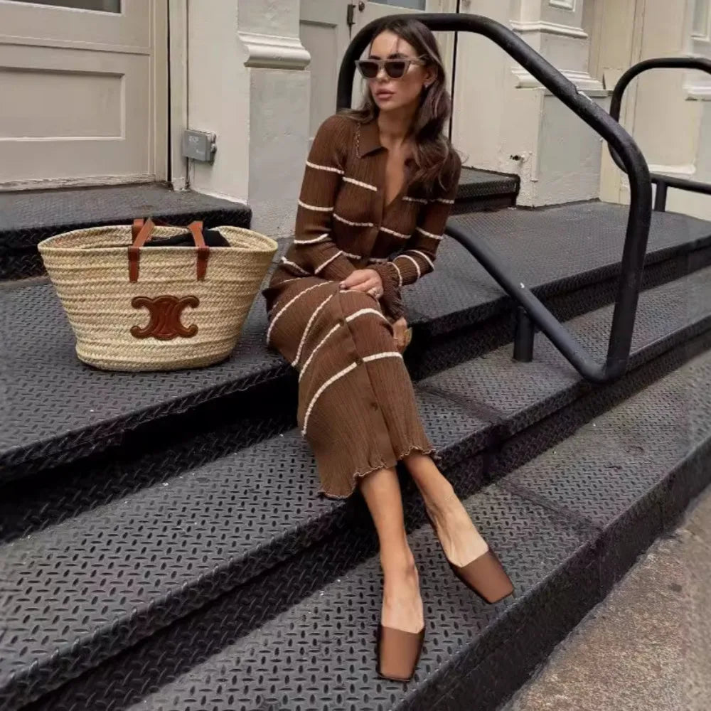 Dam Stickklänning Randig Akryl Vinterdesign-2