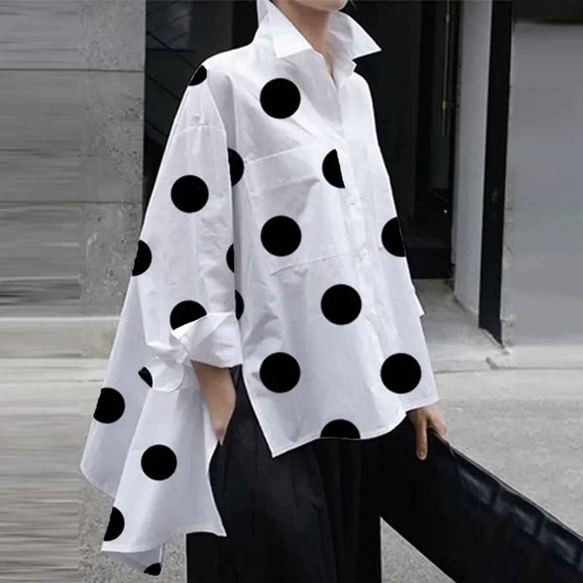 Dam Blus Prickig Design med Knappar Nylon Bomull Polyester-1