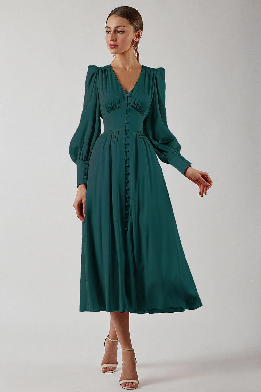 Kvinnors Vintage Klänning MIDI Satin Knappdesign-3