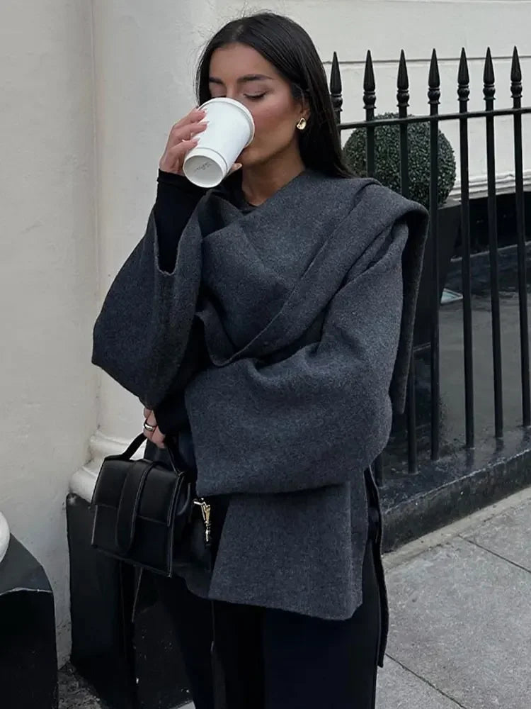 Dam Cape Coat Casual Mjuk Stickning med Sydd Halsduk-5