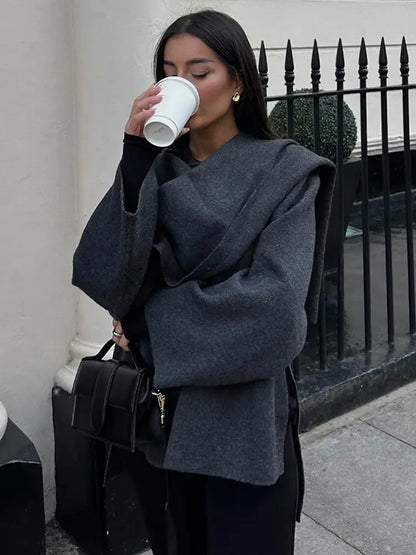 Dam Cape Coat Casual Mjuk Stickning med Sydd Halsduk-5