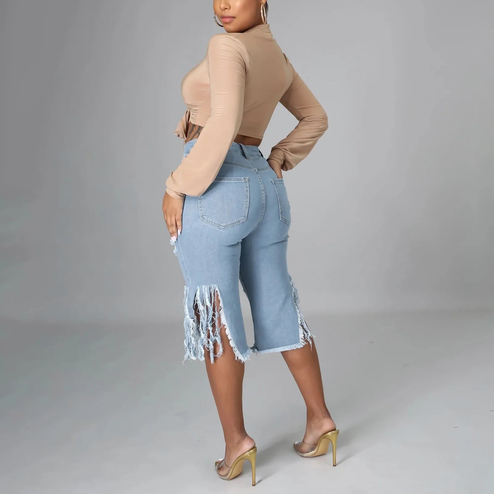Dam Denim-Bermuda Shorts med Fransar i 100% Bomull-2