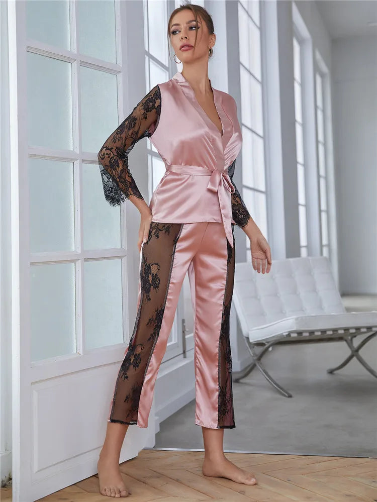 Dam Pyjamas Set med Spetsdetaljer och Lappmönster i Silke och Polyester-2