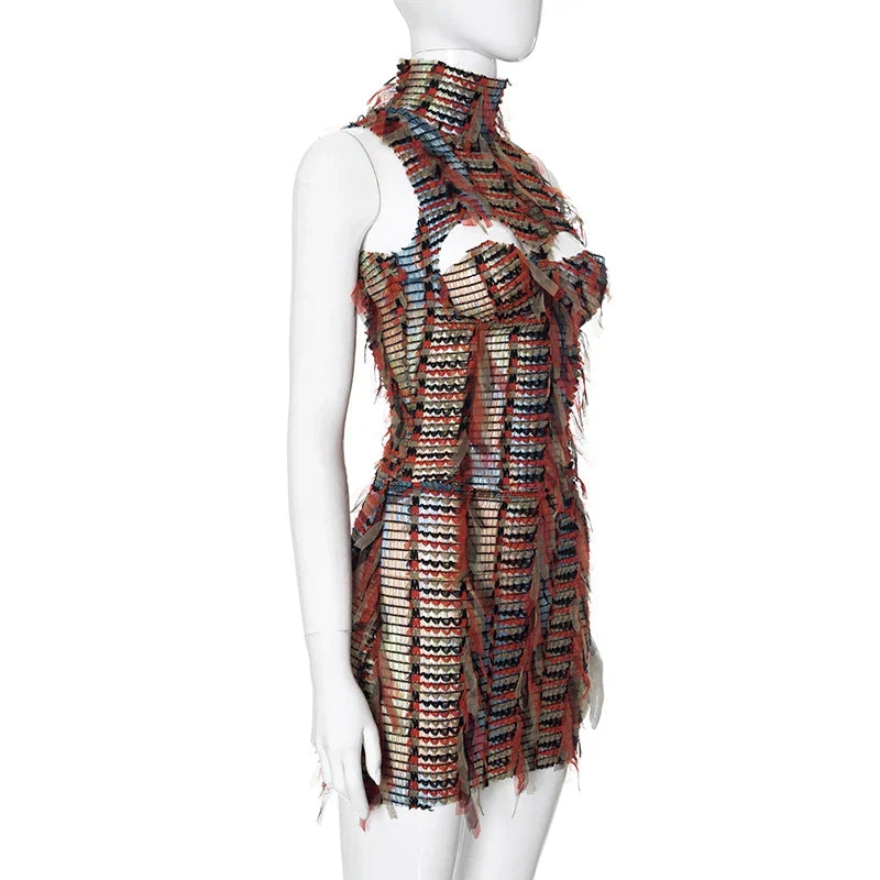 Dam Mini Klänning Turtleneck Perforerad Blandning av Bomull och Polyester-6