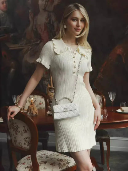 Variant image for Kvinnors Miniklänning Samlad Halsringning Polyester med Knappar-1