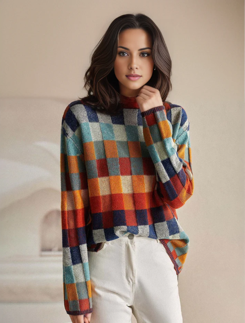 Stickad Dam Tröja Turtleneck Karoddesign 100% Akryl-1