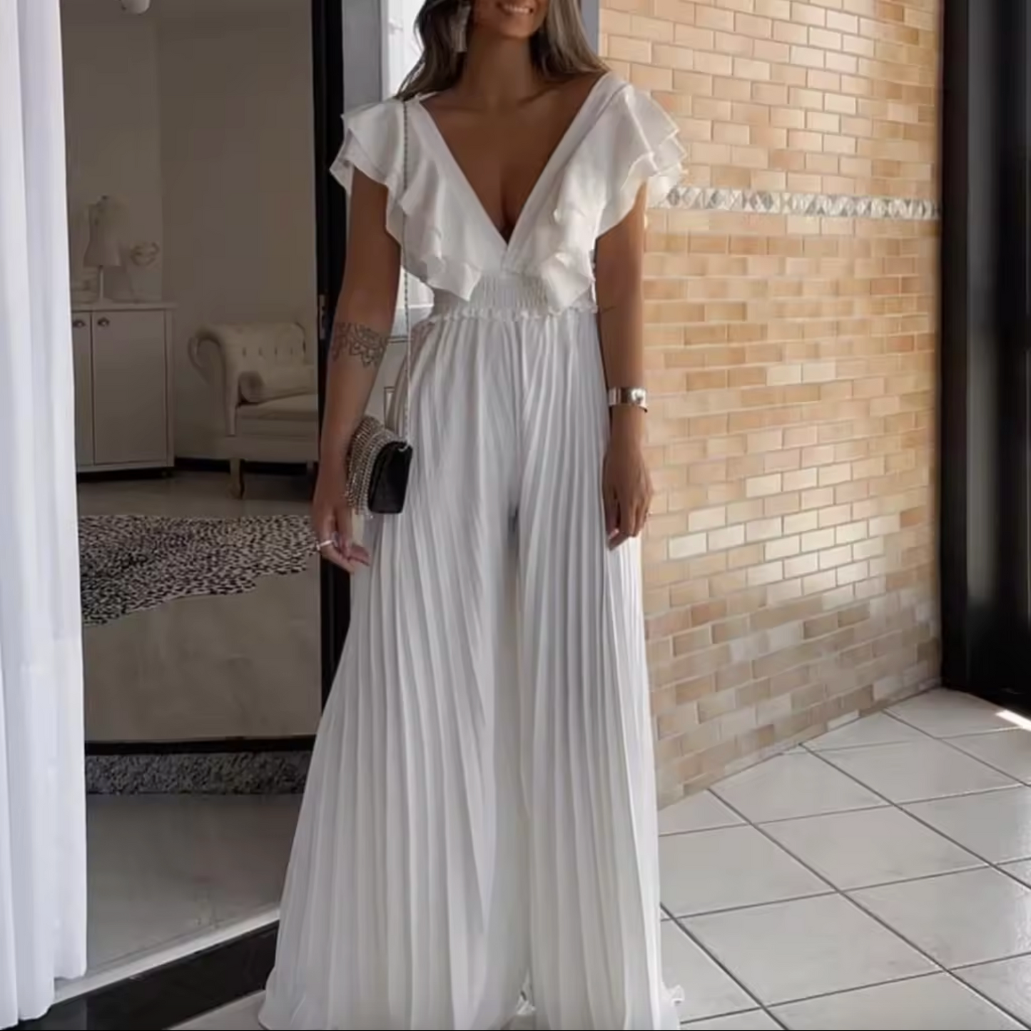 Kvinna Ruffle Klänning Elegant Högkvalitativt Tyg 5
