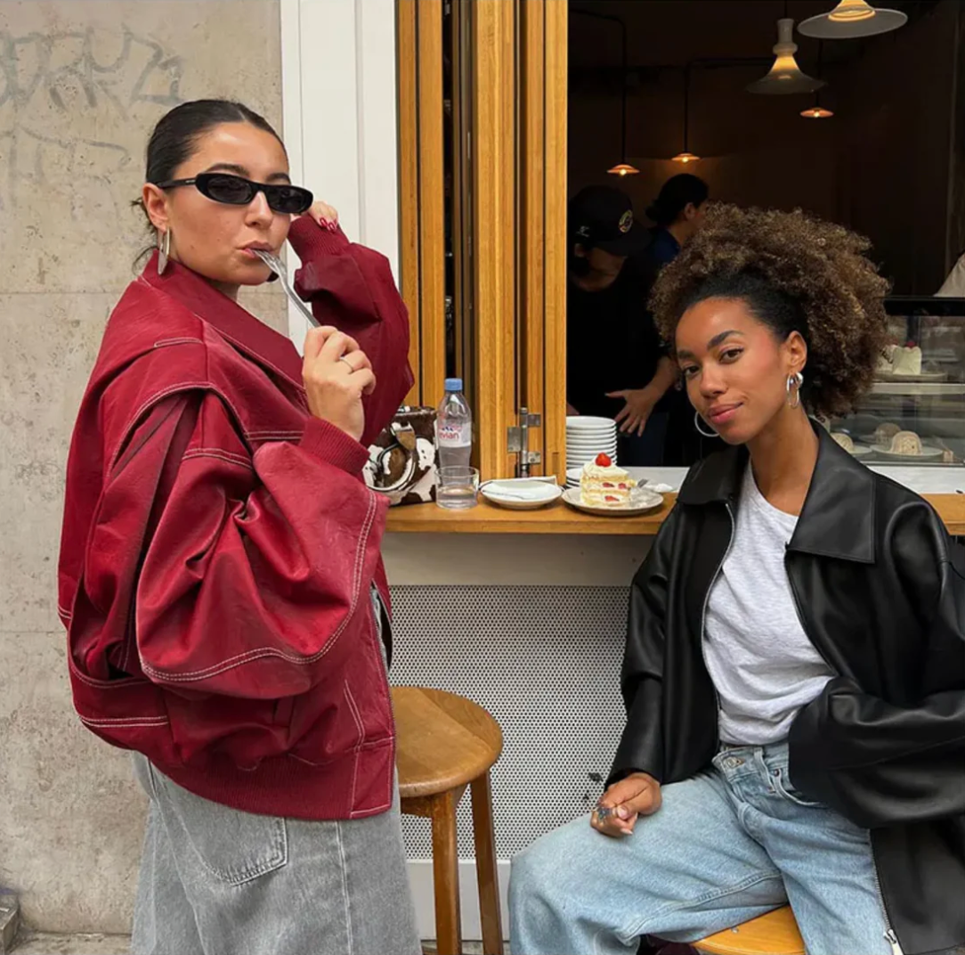 Dam Oversized Skinnjacka PU-Läder Med Stående Krage-5