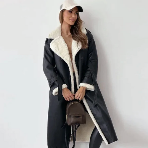 Lång Vinterrock Dam Fleece Elegant med Konstgjord Pälskrage-1