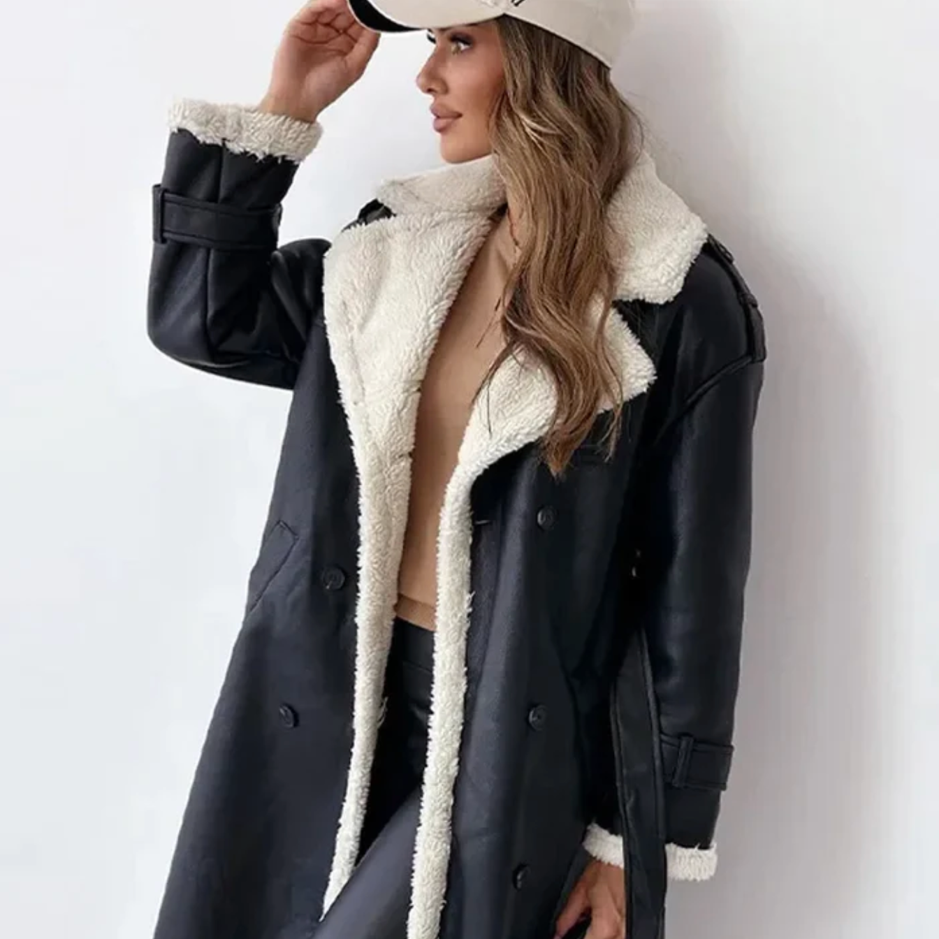 Lång Vinterrock Dam Fleece Elegant med Konstgjord Pälskrage-2