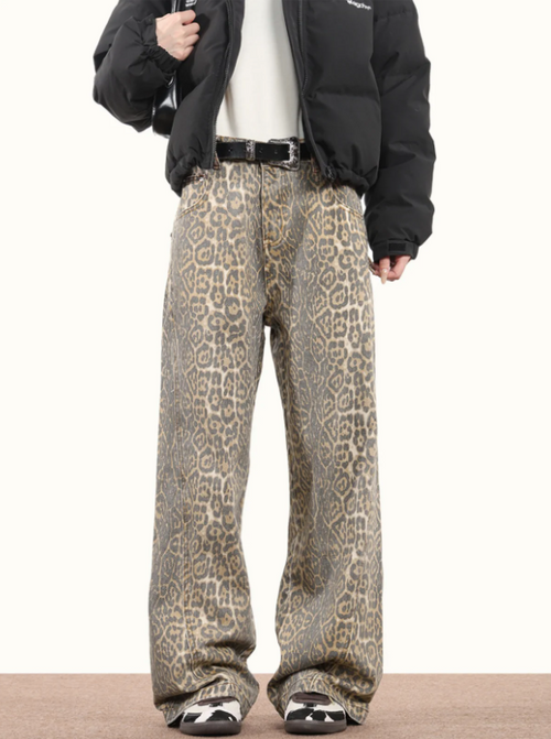 Dam Jeans Leopardmönster Trendig Högkvalitativ Denim-1