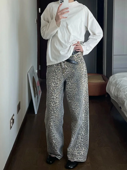Dam Jeans Leopardmönster Trendig Högkvalitativ Denim-3