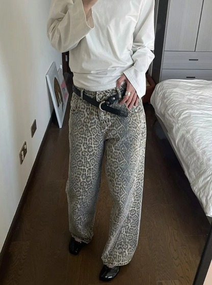 Dam Jeans Leopardmönster Trendig Högkvalitativ Denim-4