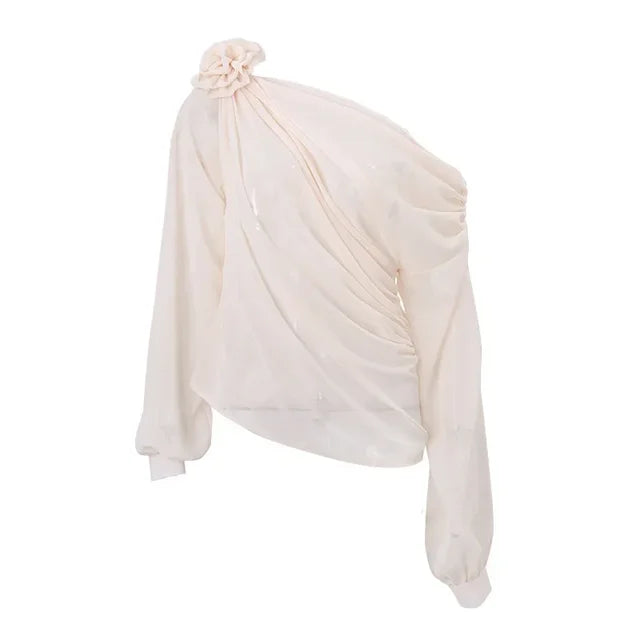 Dam Blus En Axel Draperad Chiffong-6