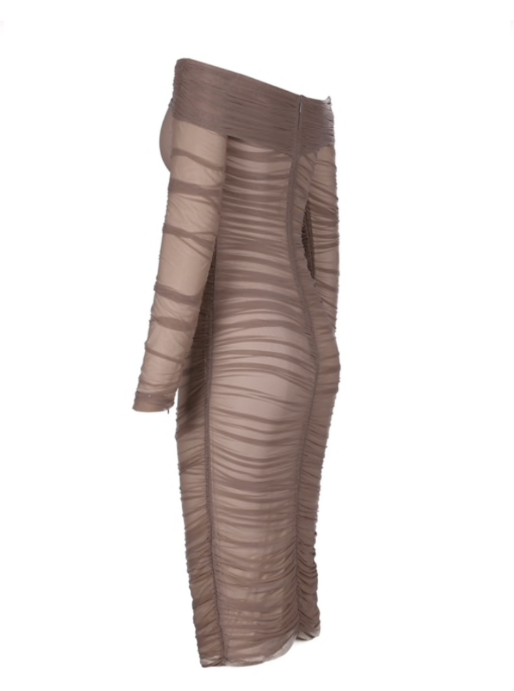 Kvinnors Axelfri Klänning Lång Ärmar Transparent Tyg-3