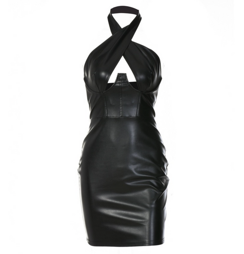 Damklänning Mini med Halshållare i PU Läder-1