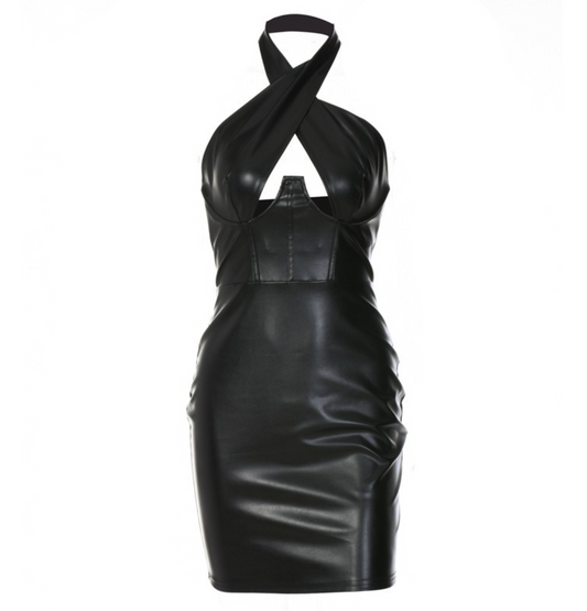 Damklänning Mini med Halshållare i PU Läder-1