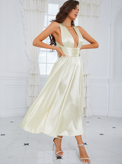 Kvinnors Aftonklänning Lång Djup Halsringning Flödande Material 6