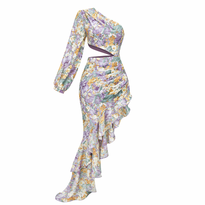 Variant image for Kvinna Klänning med Utskärningar Blommönster Stretchmaterial-2