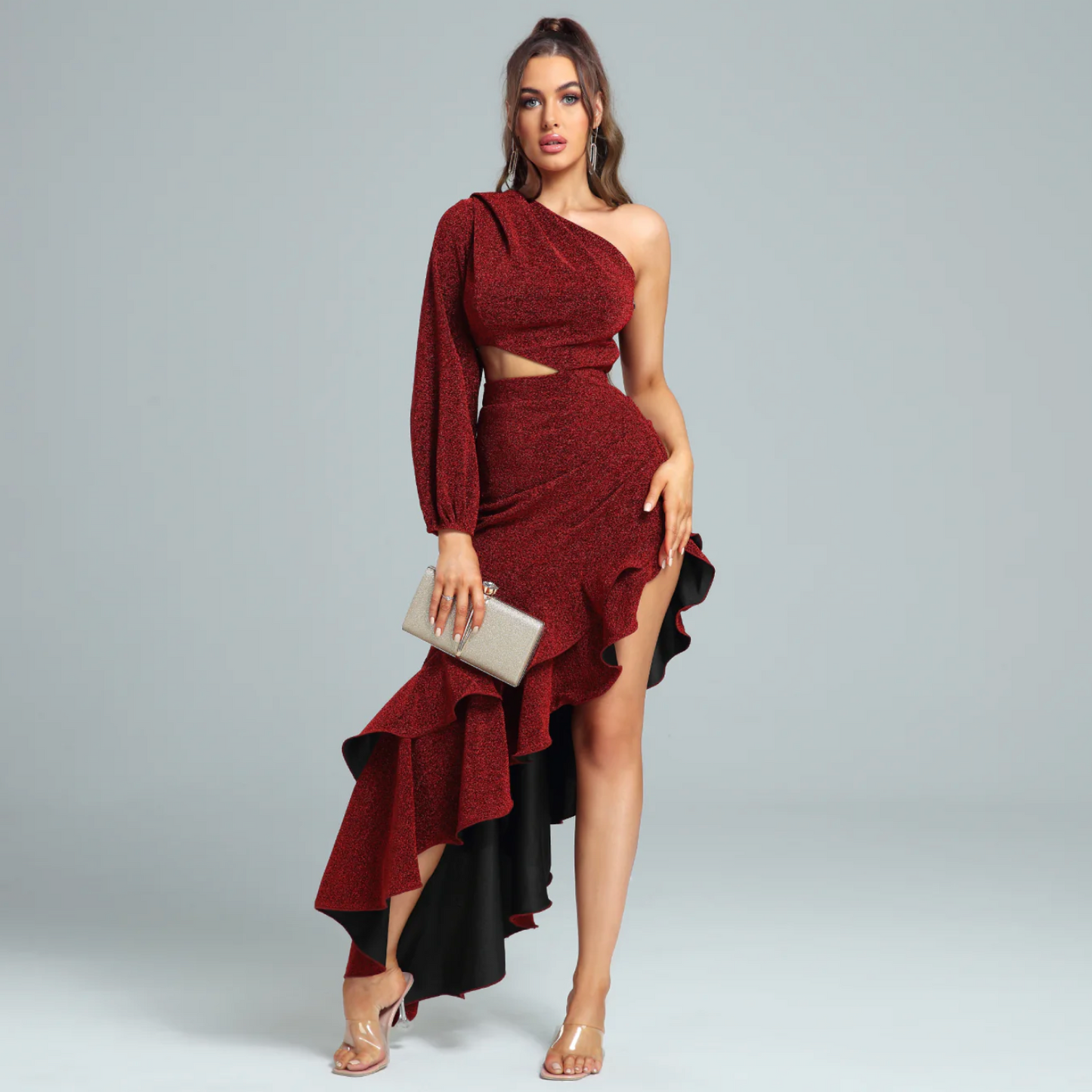 Kvinna Klänning En Axel Exponerad Midja Polyester-2