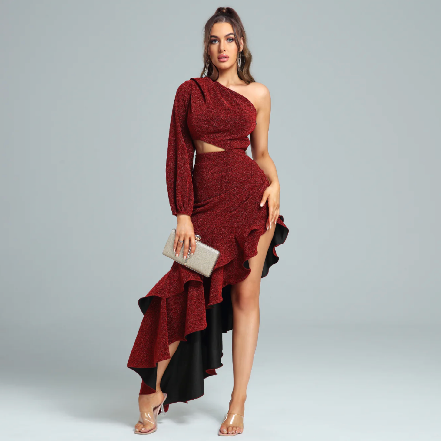 Kvinna Klänning En Axel Exponerad Midja Polyester-2