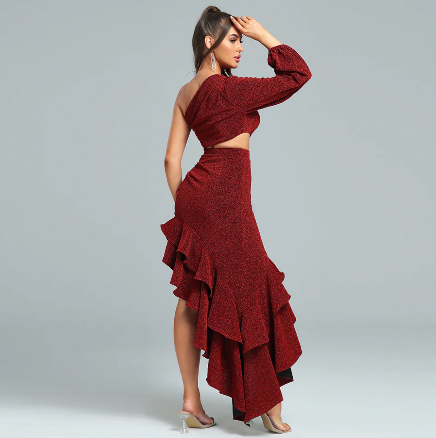 Kvinna Klänning En Axel Exponerad Midja Polyester-5