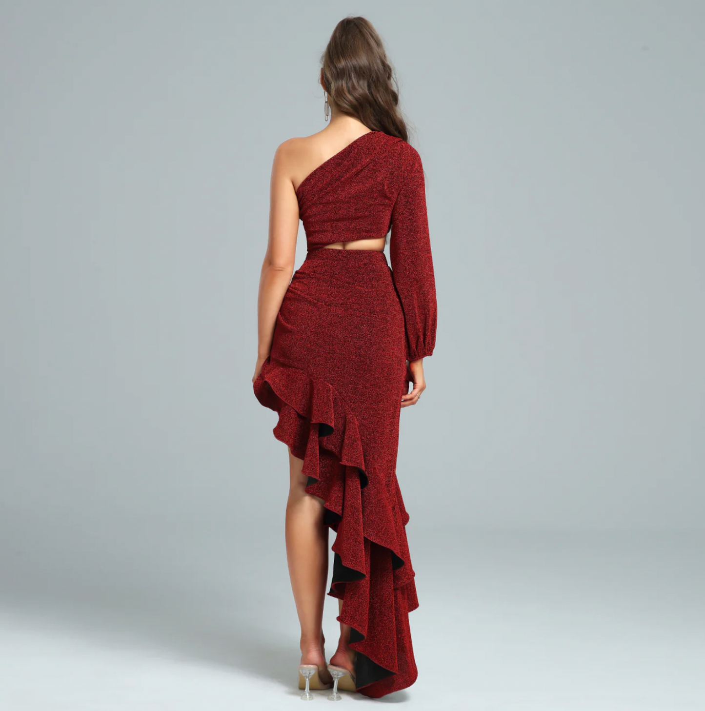 Kvinna Klänning En Axel Exponerad Midja Polyester-3