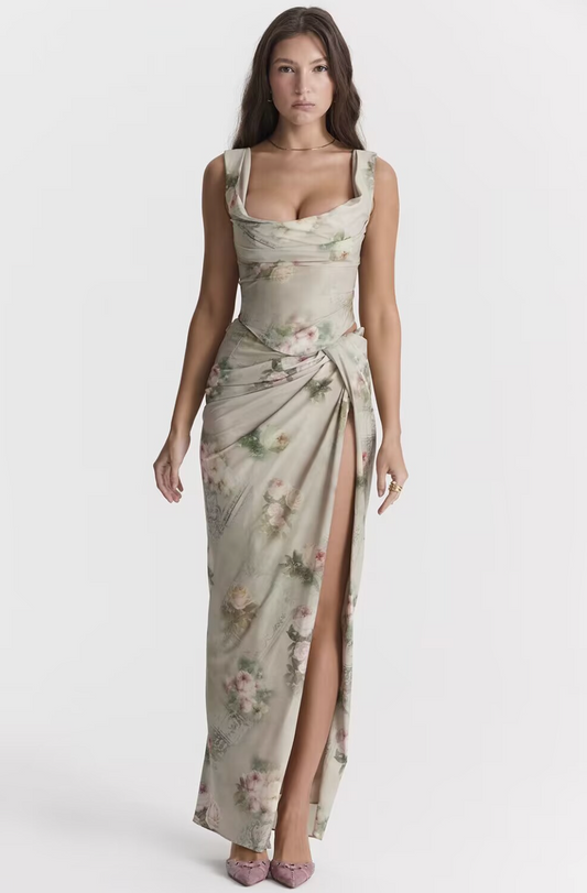 Maxiklänning Dam Blommönster Snörning Polyester-1