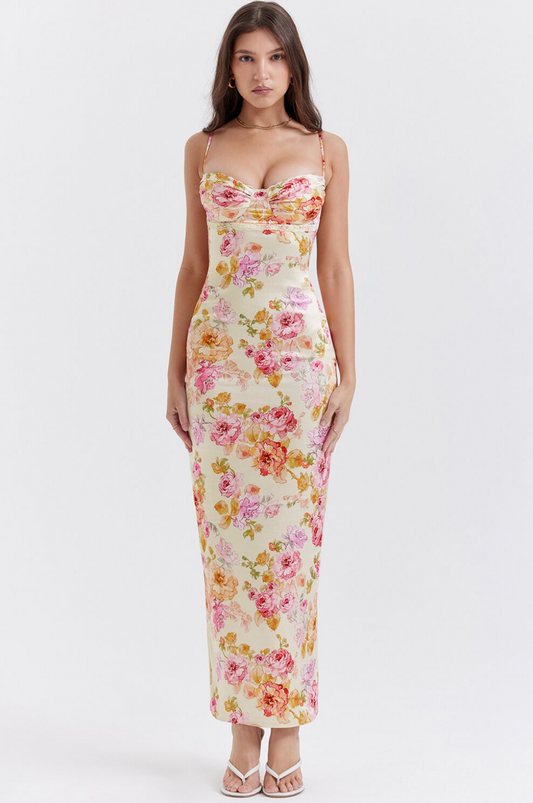 Maxiklänning Dam med Blommönster och Spaghettibärare - Polyester, Hjärtformad Halsringning, Elegant och Bekväm Passform 1