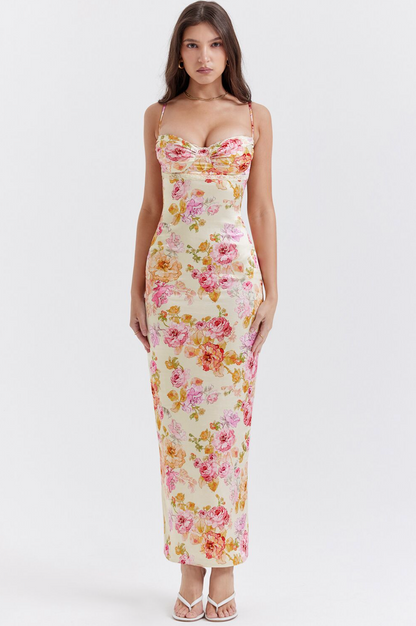 Maxiklänning Dam med Blommönster och Spaghettibärare - Polyester, Hjärtformad Halsringning, Elegant och Bekväm Passform 2