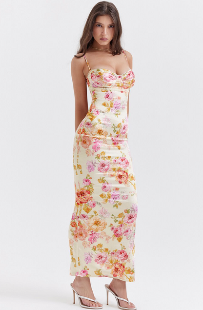 Maxiklänning Dam med Blommönster och Spaghettibärare - Polyester, Hjärtformad Halsringning, Elegant och Bekväm Passform 6