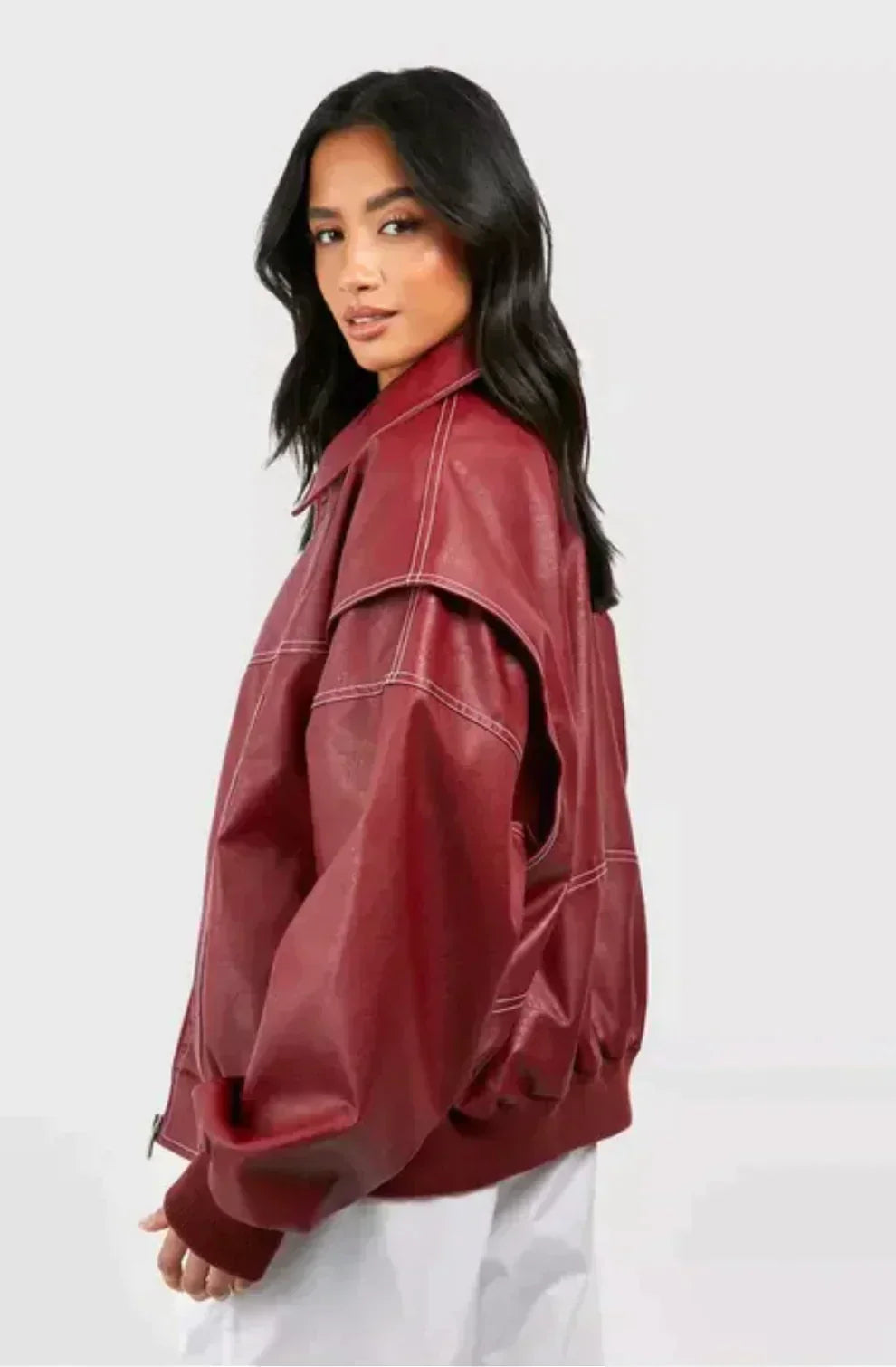 Dam Oversized Skinnjacka PU-Läder Med Stående Krage-6