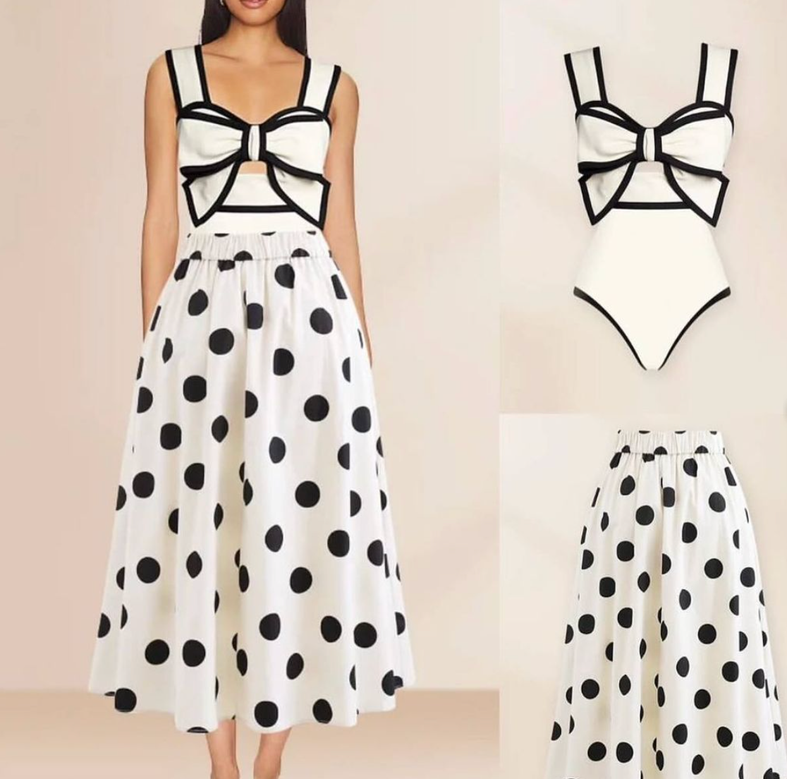 Dam Baddräkt Set med Slinga och Prickad Kjol Nylon Spandex-3