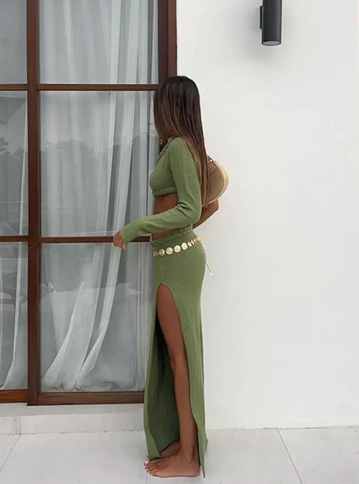 Fina Dam Klänningar Utskuren Design Hög Slits Elastisk-2