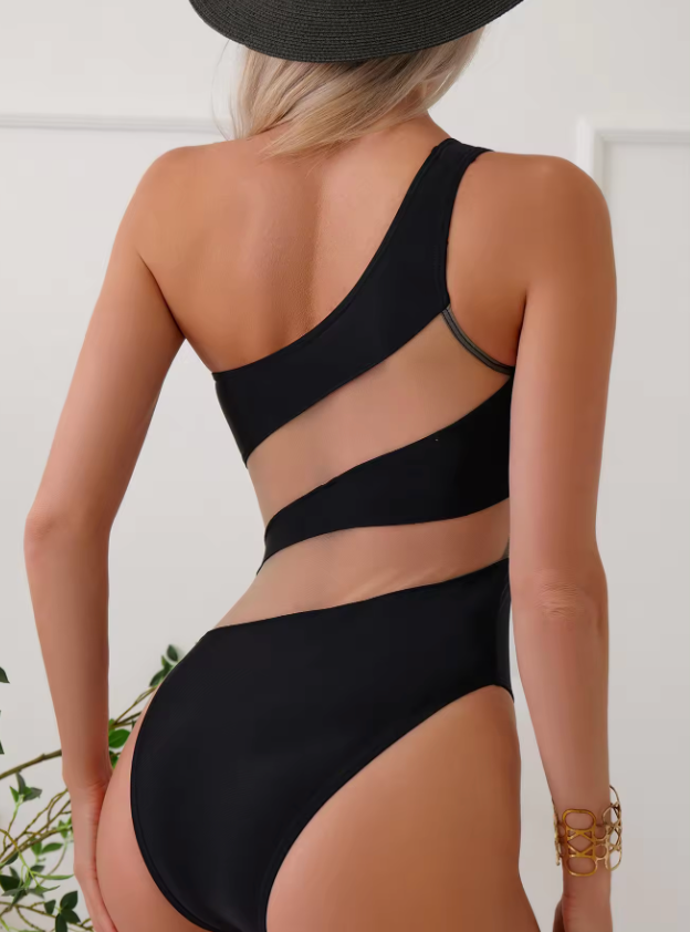 Dam Baddräkt Asymmetrisk Transparent Shaping Nylon Spandex 2