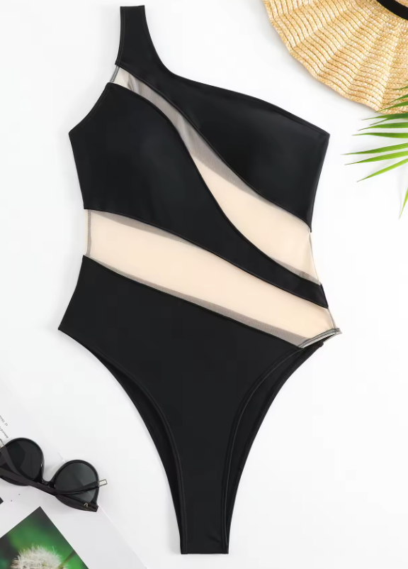 Dam Baddräkt Asymmetrisk Transparent Shaping Nylon Spandex 3