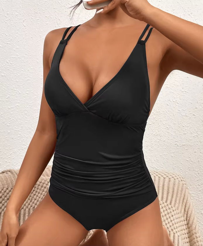 Dam Klänning Djup V-hals Dubbla Remmar Polyester Rüsch Detaljer 2