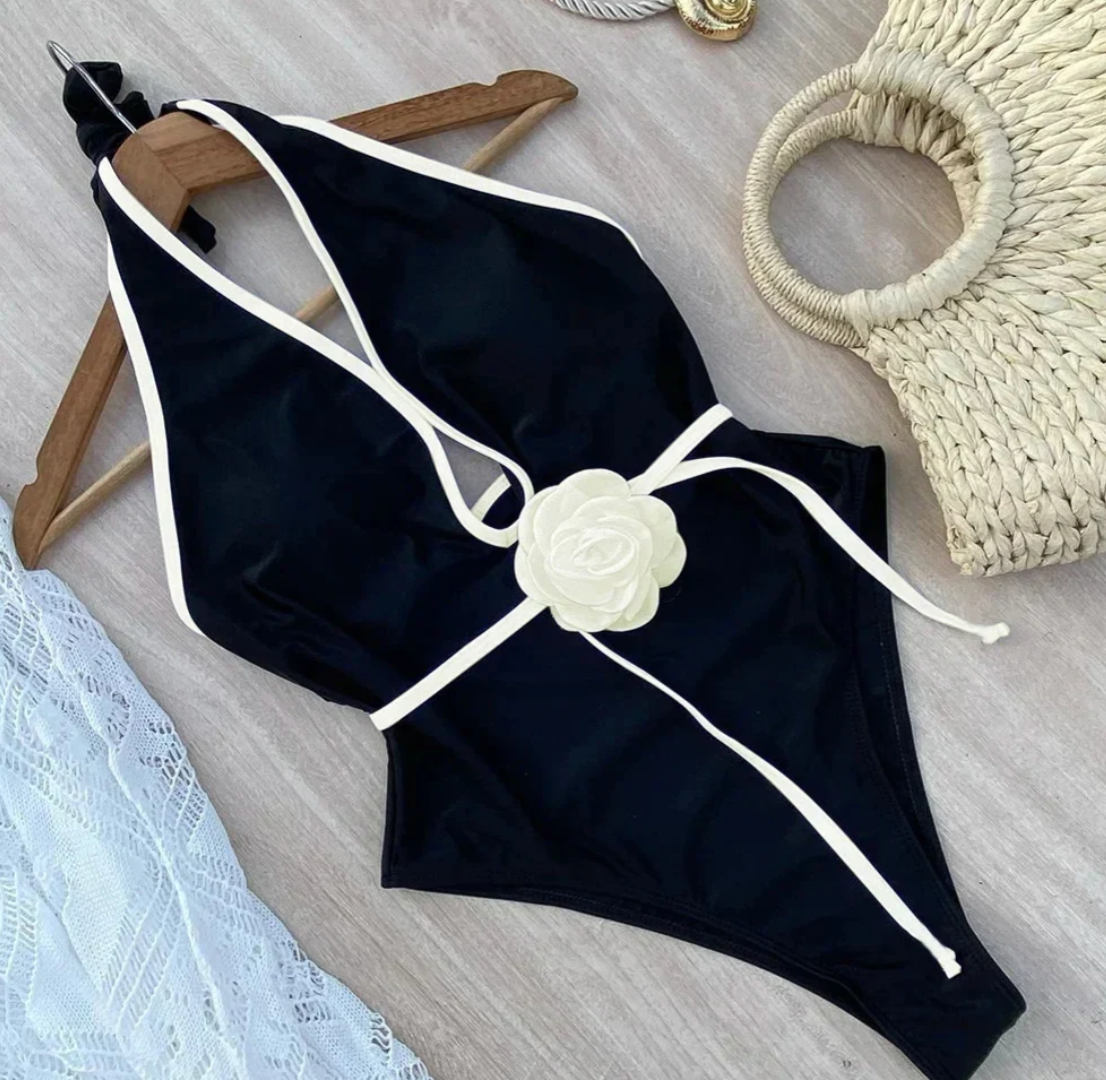 Baddräkt Dam Blommig Design med Vit Kant Nylon Spandex-3