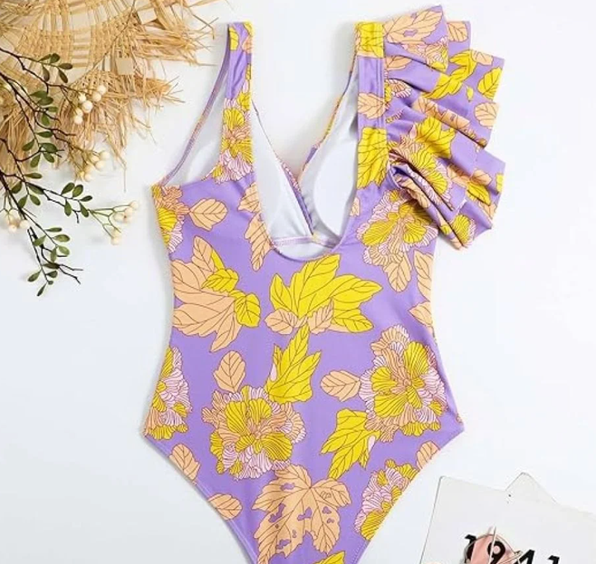 Blommig Baddräkt Dam med Ruffles och V-Hals – Bekväm Shaping Baddräkt i Nylon och Spandex 3