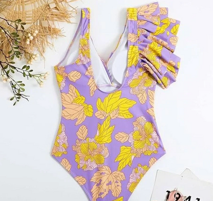 Blommig Baddräkt Dam med Ruffles och V-Hals – Bekväm Shaping Baddräkt i Nylon och Spandex 3