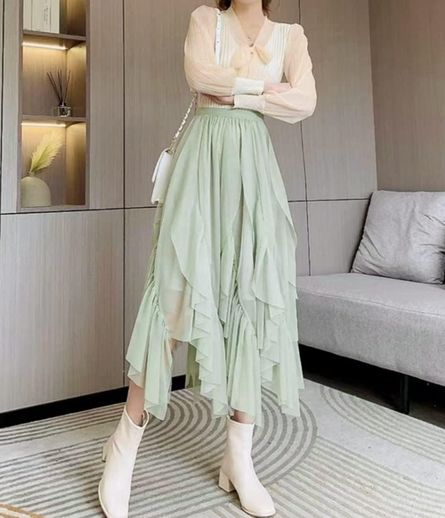 Kvinnors Midi Rock Ruffled Polyester-1