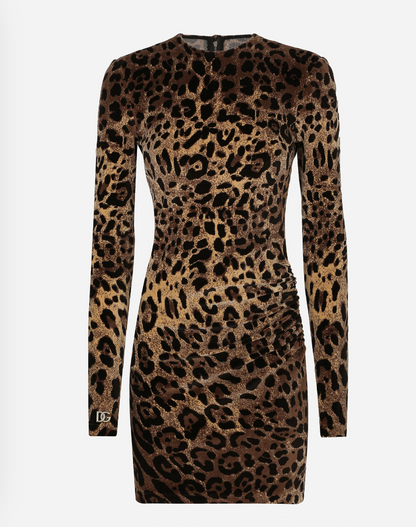 Kvinna Miniklänning Leopardmönster Långa Ärmar Andningsbart Tyg 5